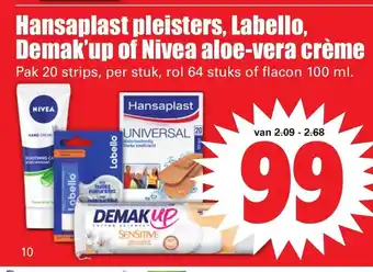 Dirk Hansaplast Universal pleisters, Labello classic, Demak'Up wattenschijfjes of Nivea Aloe-vera creme aanbieding