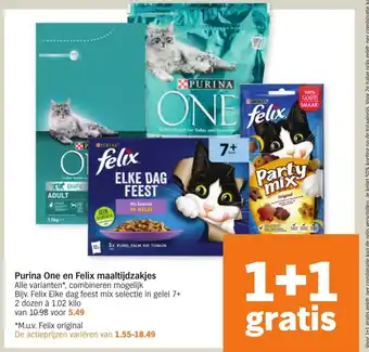 Albert Heijn Purina One en Felix maaltijdzakjes 1+1 aanbieding