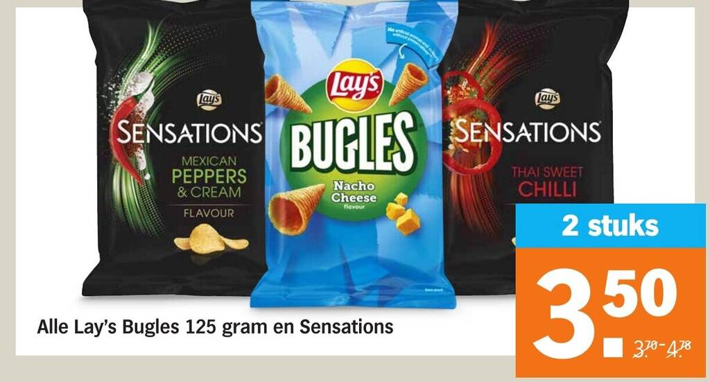 Alle lays bugles 125 gram en sensations aanbieding bij Albert Heijn
