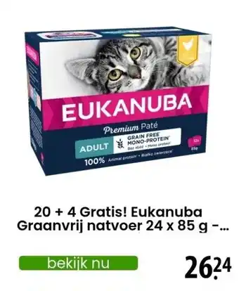 Zooplus 20 + 4 Gratis! Eukanuba Graanvrij natvoer 24 x 85 g - Adult Kip aanbieding