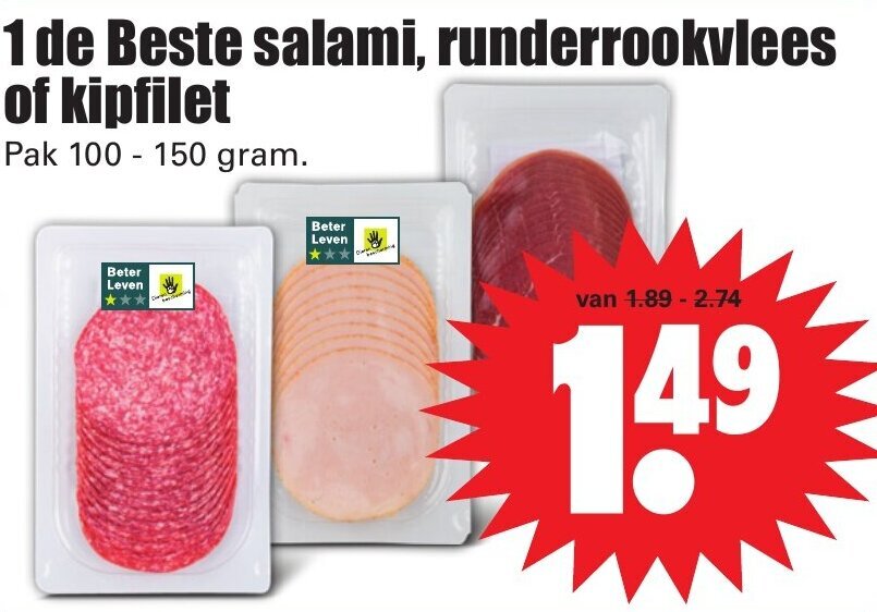 1 de Beste salami, runderrookvlees of kipfilet 100150g aanbieding bij Dirk