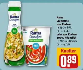 Rewe DE Rama Cremefine zum Kochen 250mL oder zum Kochen 100% Pflanzlich 200mL aanbieding