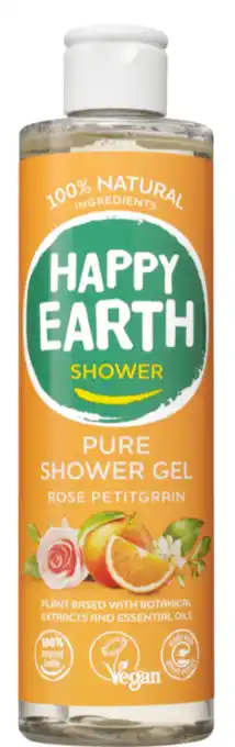 De Online Drogist Happy Earth Pure Shower Gel Rose Petitgrain aanbieding