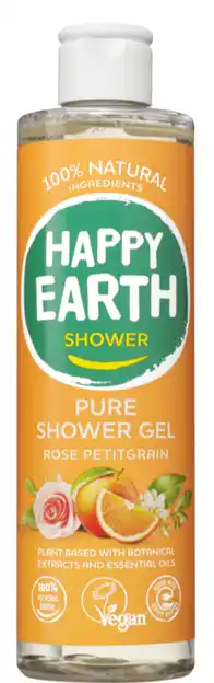 De Online Drogist Happy Earth Pure Shower Gel Rose Petitgrain aanbieding