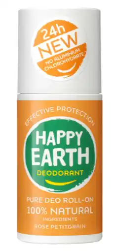 De Online Drogist Happy Earth Pure Deodorant Roller Rose Petitgrain aanbieding
