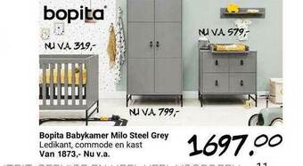 Van Asten BabySuperstore Bopita Babykamer Milo Steel Grey Ledikant, Commode En Kast aanbieding