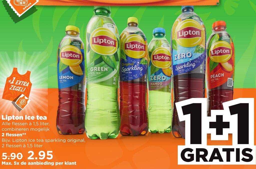 Lipton Ice tea 1.5L 1+1 gratis aanbieding bij PLUS