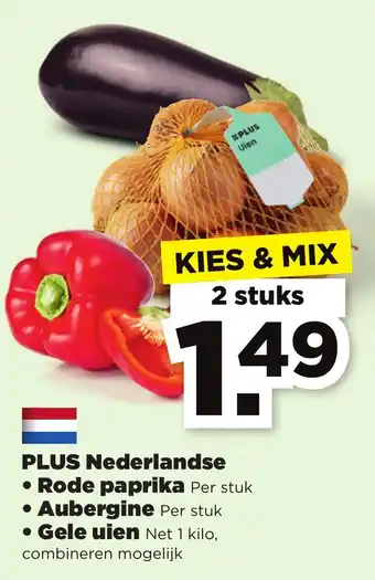 PLUS Rode paprika ,Aubergine of Gele uien aanbieding