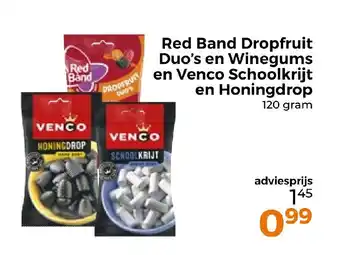 Trekpleister Red Band Dropfruit Duo's en Winegums en Venco Schoolkrijt en Honingdrop 120 gram aanbieding