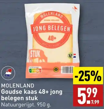 ALDI MOLENLAND Goudse kaas 48+ jong belegen stuk 950g aanbieding