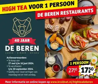 Kruidvat HIGH TEA VOOR 1 PERSOON DE BEREN RESTAURANTS aanbieding