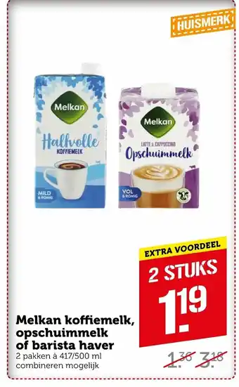 Coop Melkan Koffiemelk, Opschuimmelk of Barista Haver 2 stuks aanbieding