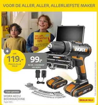 Praxis 5 jaar garantie WORX ACCU BOORMACHINE Type H6C. aanbieding