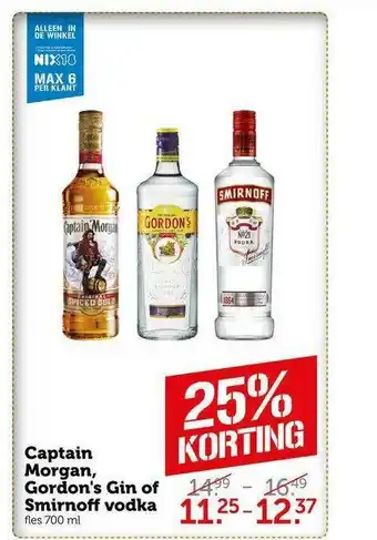 Coop Captain Morgan, Gordon's Gin Of Smirnoff Vodka 700 ml 25% Korting aanbieding