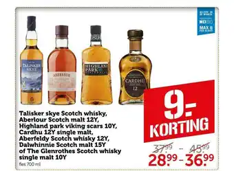 Coop Talisker Skye Scotch Whisky, Aberlour Scotch Malt 12Y, Highland Park Viking Scars 10Y, Cardhu 12Y Single Malt, Aberfeldy Scot aanbieding