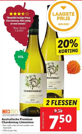 Lidl Australische Premium Chardonnay Limestone 750 ml per fles aanbieding