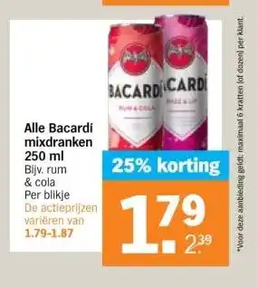 Albert Heijn Alle Bacardi mixdranken 250 ml aanbieding