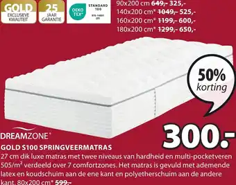 Jysk DREAMZONE GOLD S100 SPRINGVEERMATRAS 80 x 200 cm aanbieding