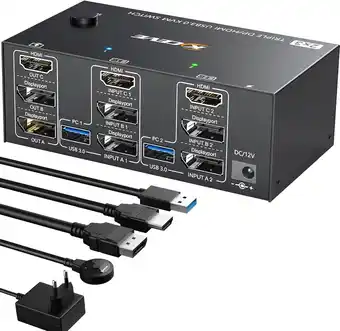 Amazon Triple monitors KVM Switch 2 DisplayPort + HDMI, 8K@60Hz KVM Switch 4K@144Hz, USB 3.0 KVM Switch 2 PC 3 monitor, KVM Switch D aanbieding