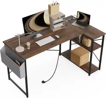 Amazon BEXEVUE Klein Hoekbureau met Stopcontacten - 120x70 cm L-vormig Computerbureau Schrijftafel, Omkeerbare Grote Opbergplanken,  aanbieding