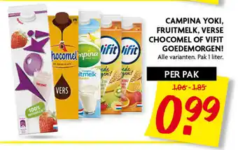 Dekamarkt Campina yoki, Fruitmelk, Verse Chocomel of Vifit Goedemorgen 1L aanbieding