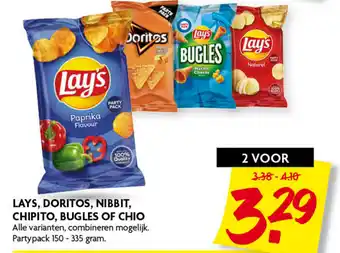 Dekamarkt Lays, Doritos, Nibbit, Chipito, bugles of Chio 150-335g aanbieding