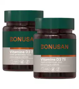 De Online Drogist Bonusan Vitamine D3 75mcg 3000IE Capsules Duoverpakking aanbieding