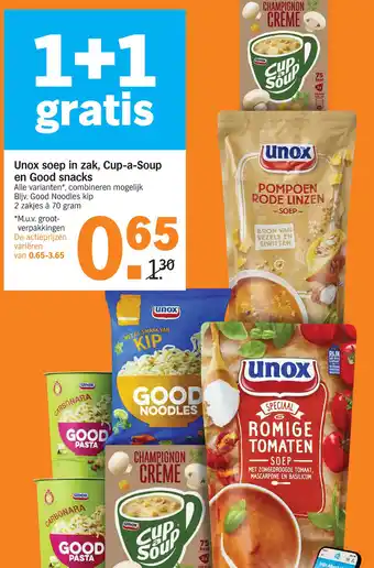 Albert Heijn Unox soep in zak, Cup-a-Soup en Good snacks .... aanbieding