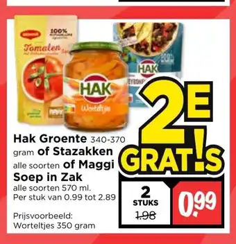 Vomar Voordeelmarkt Hak Groente 340-370 gram of Stazakken Alle Soorten of Maggi Soep in Zak 2 stuks aanbieding