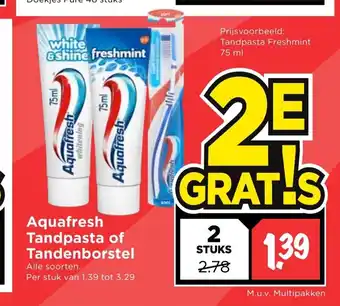 Vomar Voordeelmarkt Aquafresh Tandpasta of Tandenborstel 2 stuks aanbieding