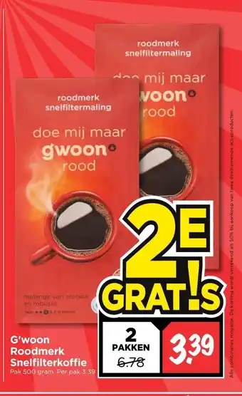 Vomar Voordeelmarkt G'woon Roodmerk Snelfilterkoffie 2 pakken aanbieding