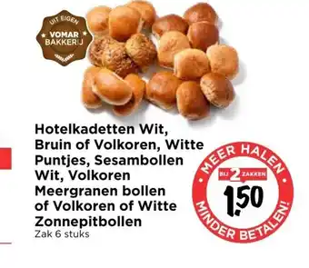 Vomar Voordeelmarkt Hotelkadetten Wit, Bruin of Vlkoren, Witte Puntjes, Sesambollen Wit, Volkoren Meergranen Bollen of Volkoren of Witte Zonnepit aanbieding