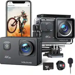 Amazon WOLFANG Action Cam 4K 30FPS GA100 Actie Camera WiFi With 32GB, Waterproof Underwater Camera 40M with Dual Microphone, Remote  aanbieding