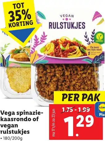 Lidl Vega spinaziekaasrondo of vegan rulstukjes aanbieding