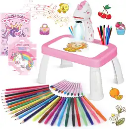 Amazon Tekening Projector Tafel (Roze) Tekenprojector voor kinderen met 72 motieven Kinderprojector met potloden, kleurpotloden, pla aanbieding