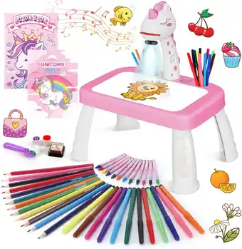 Amazon Tekening Projector Tafel (Roze) Tekenprojector voor kinderen met 72 motieven Kinderprojector met potloden, kleurpotloden, pla aanbieding