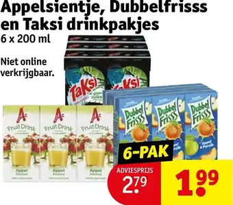 Kruidvat Appelsientje, Dubbelfrisss en Taksi drinkpakjes 6 x 200ml aanbieding