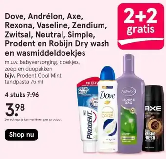 Etos Dove, Andrélon, Axe, Rexona, Vaseline, Zendium, Zwitsal, Neutral, Simple, Prodent en Robijn Dry wash en wasmiddeldoekjes aanbieding