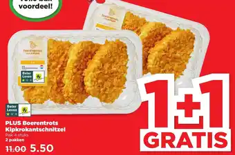 PLUS PLUS Boerentrots kipkrokantschnitzel 1+1 aanbieding