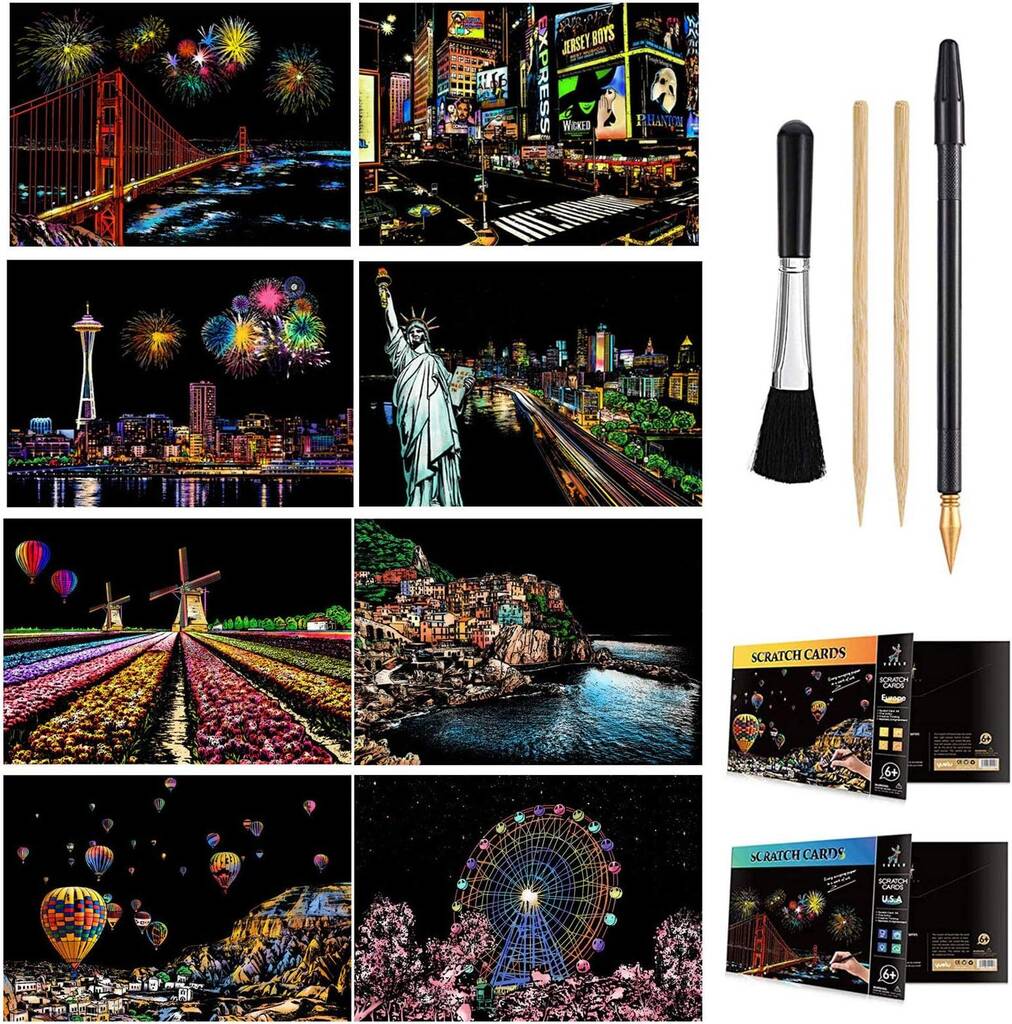 WideSmart Carta Per Graffi Arcobaleno A4 Con Effetto Glow | 8 Fogli + 2 Strumenti Per Scratch Art | Kit Creativo Per Bambini E Adulti - 5
