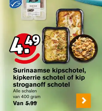 Hoogvliet Surinaamse kipschotel, kipkerrie schotel of kip stroganoff schotel 400 gram aanbieding
