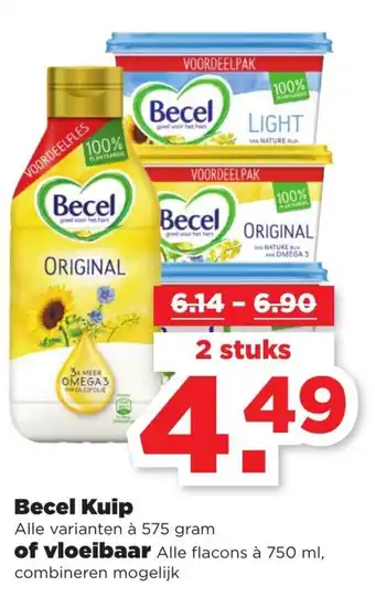 PLUS Becel kuipen 575g en vloeibaar 750ml 2st aanbieding