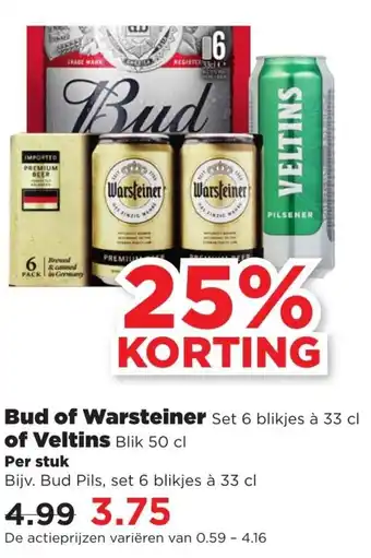 PLUS Bud of Warsteiner 6*330ml of Veltins 500ml aanbieding