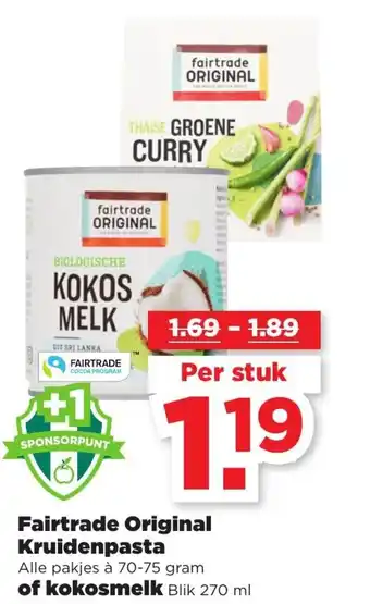 PLUS Fairtrade Original kruidenpasta 70-75g of kokosmelk 270ml aanbieding