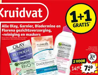 Kruidvat Alle Olay, Garnier, Diadermine en Florena gezichtsverzorging, -reiniging en maskers aanbieding