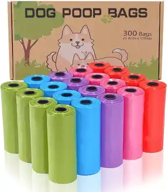 Amazon AiTodos 300PCS Hondenpoepzakjes, 5 Kleuren, Hondenuitje Vuilniszak - 31 * 22CM, Polyethyleen Materiaal, Draagbaar - Paars, Bl aanbieding