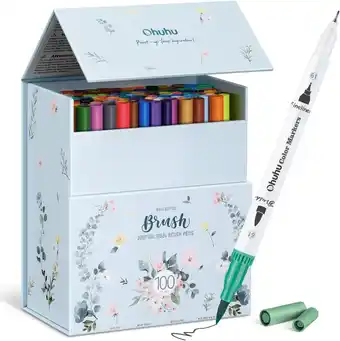 Amazon Ohuhu Art Aquarelstiften, 100 kleuren, dubbele viltstiften om mee te kleuren, penseel, fijne punt, marker op waterbasis, dikk aanbieding