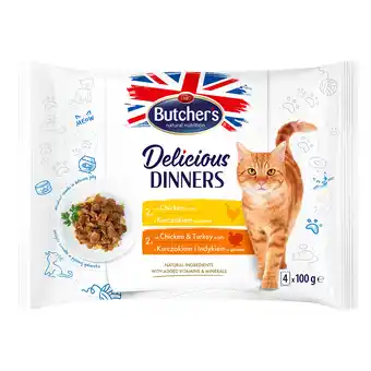 Zooplus 64 x 100 g Butcher's Delicious Dinners kattenmix: kip, kip & kalkoen natvoer aanbieding