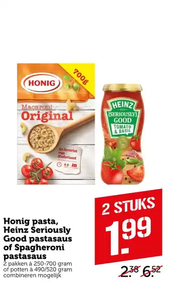 Coop Honig pasta, Heinz Seriously Good pastasaus of Spagheroni pastasaus aanbieding