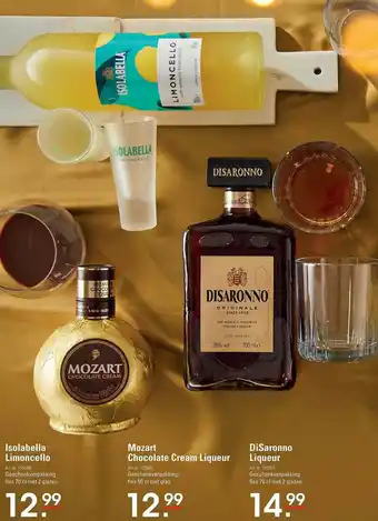 Sligro Isolabella Limoncello, Mozart Chocolate Cream Liqueur Of DiSaronno Liqueur aanbieding